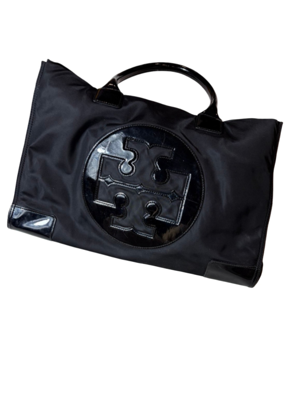 Tory Burch Black Large Logo Tote Bag Patent Trim Shoulder Bag Flawed